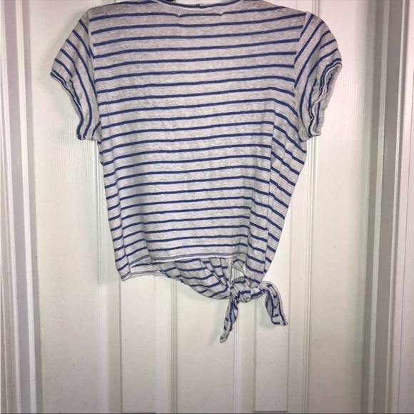Max Studio Linen Crop Top Button Down White Blue Stripes - Picture 4 of 8